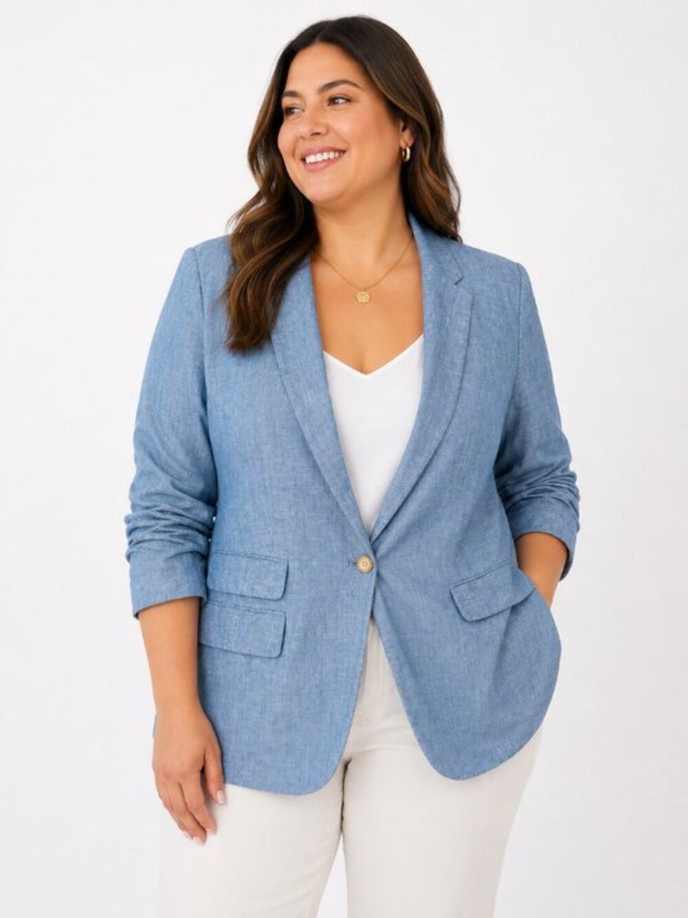 Loft Linen Cotton Blend Single Breast Chambray Blue Blazer Lightweight Size 16